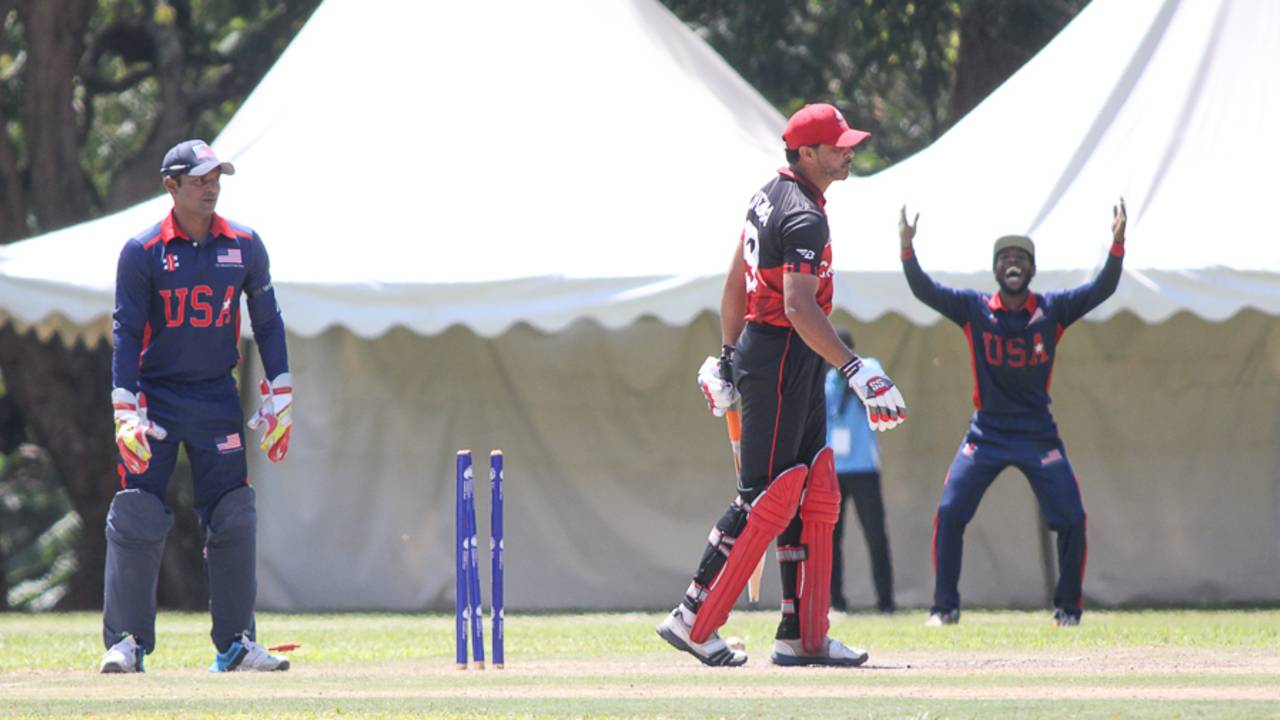 Rizwan Cheema is bowled for a second-ball duck, Canada v USA, ICC World Cricket League Division Three, Kampala, May 27, 2017