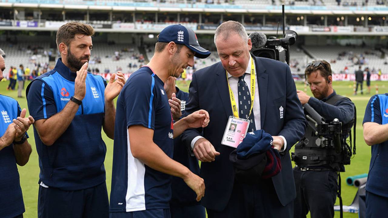 Toby Roland-Jones was handed his cap by Angus Fraser, England v South Africa, 3rd ODI, Lord's, May 29, 2017