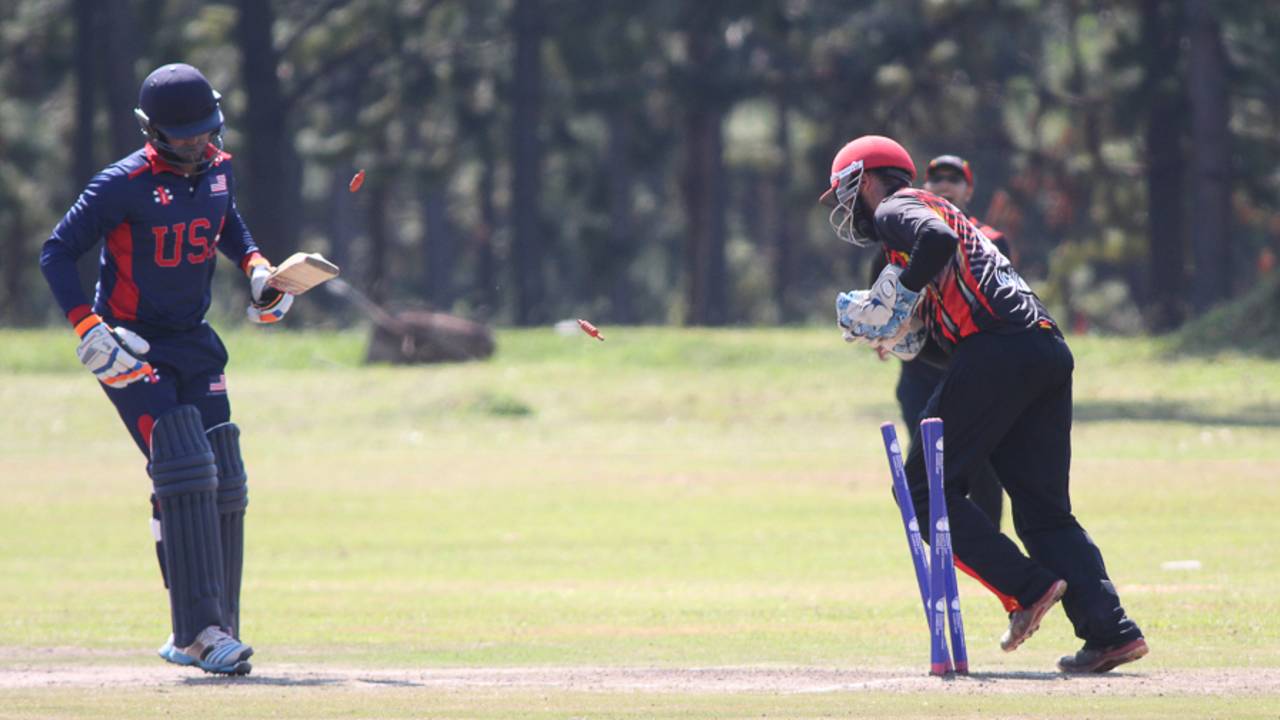 Naeem Bardai completes a stumping of Ibrahim Khaleel, Uganda v USA, ICC World Cricket League Division Three, Entebbe, May 29, 2017