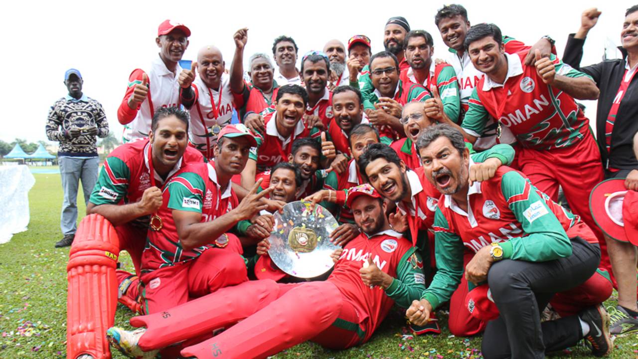 Oman celebrate after being crowned tournament champions, Canada v Oman, ICC World Cricket League Division Three, Final, Kampala, May 30, 2017