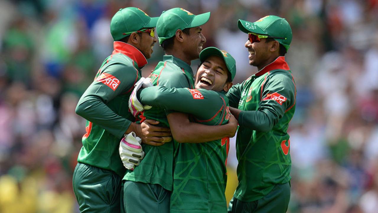 Mushfiqur Rahim embraces Mustafizur Rahman after his catch to remove Jason Roy, England v Bangladesh, Champions Trophy, Group A, The Oval, June 1, 2017