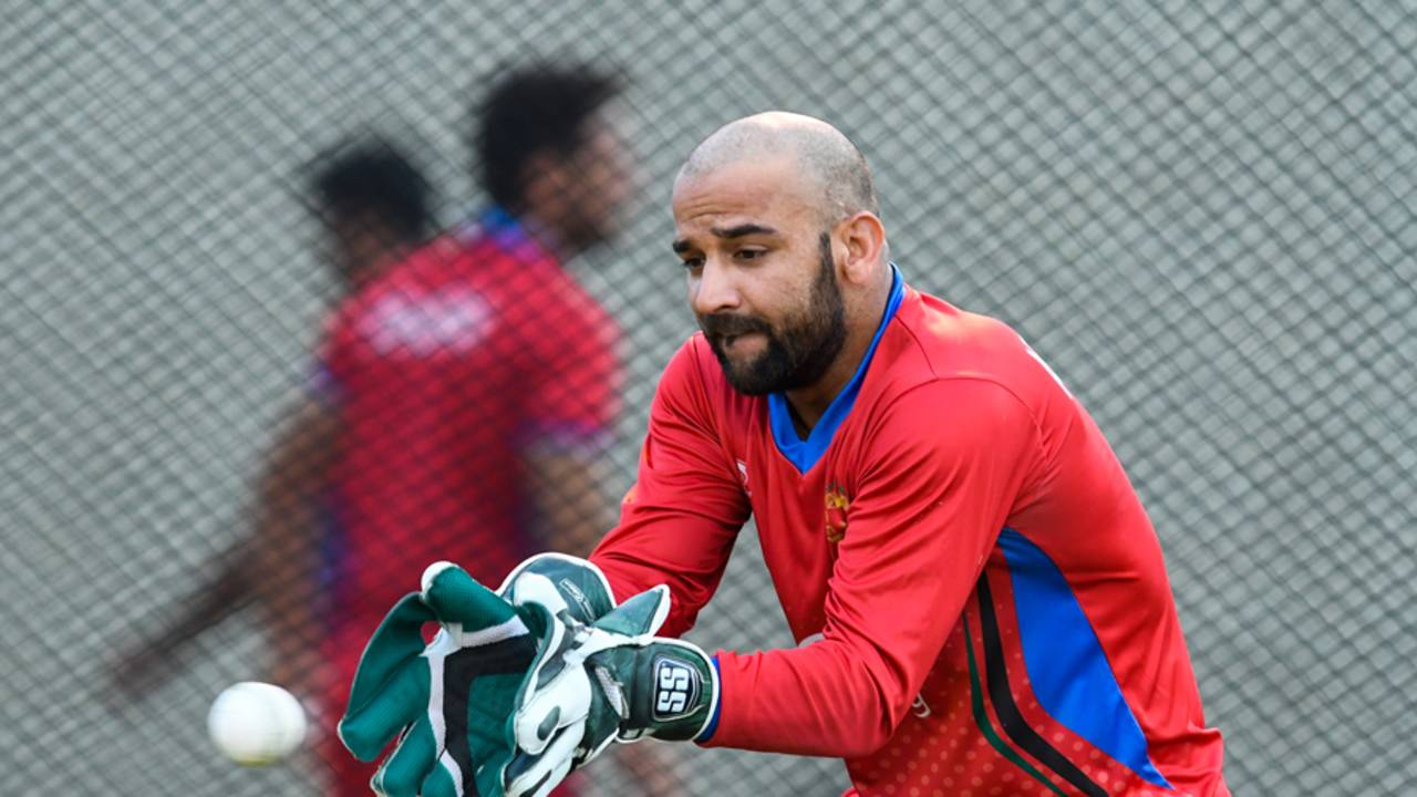 Shafiqullah hones his glovework during a training session, West Indies v Afghanistan, St. Kitts, June 1, 2017