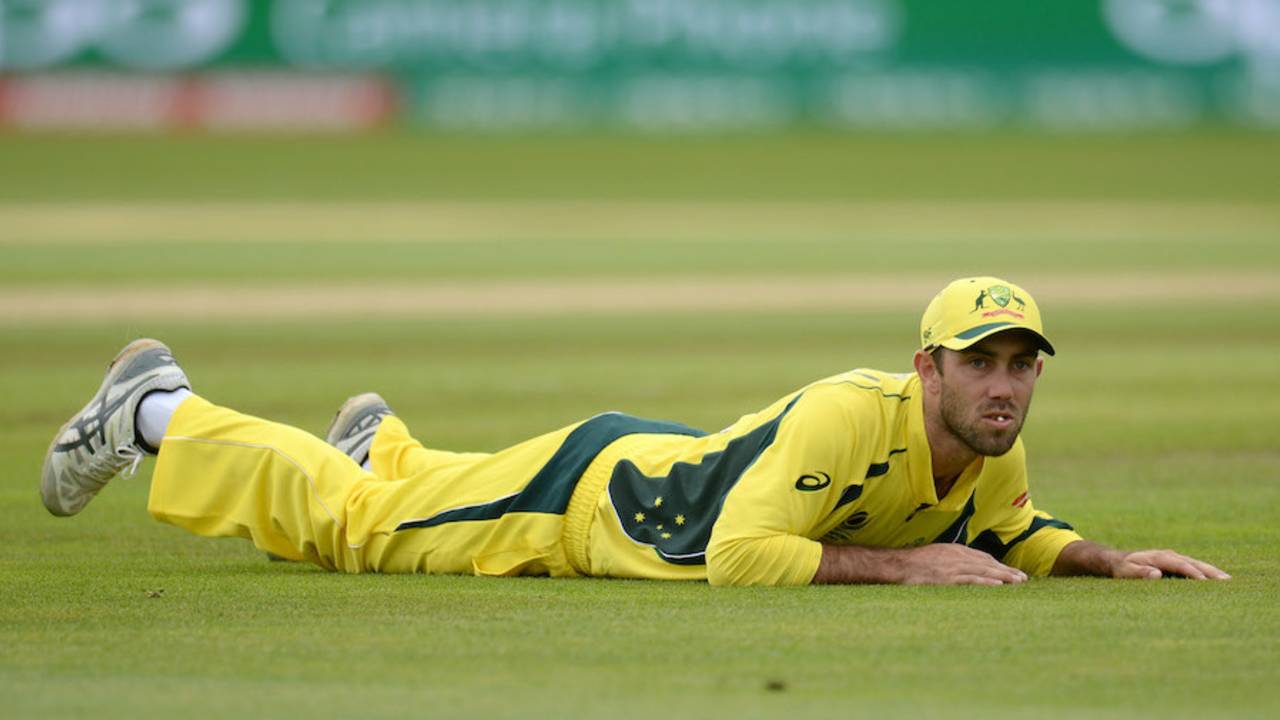 Glenn Maxwell looks on after the ball evaded him, Australia v New Zealand, Champions Trophy, Group A, Edgbaston, June 2, 2017