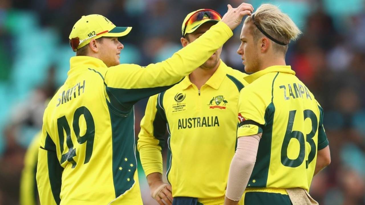 Part-time hairdresser: Steven Smith fiddles with Adam Zampa's hair after a wicket, Australia v Bangladesh, Champions Trophy 2017, The Oval, London, June 5, 2017