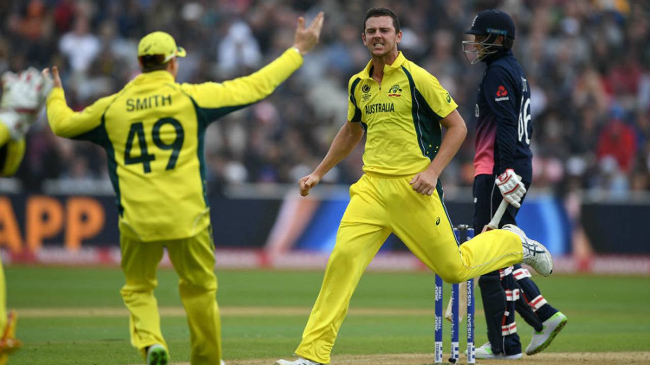 Josh Hazlewood celebrates a wicket, England v Australia, Champions Trophy, Group A, Edgbaston, June 10, 2017