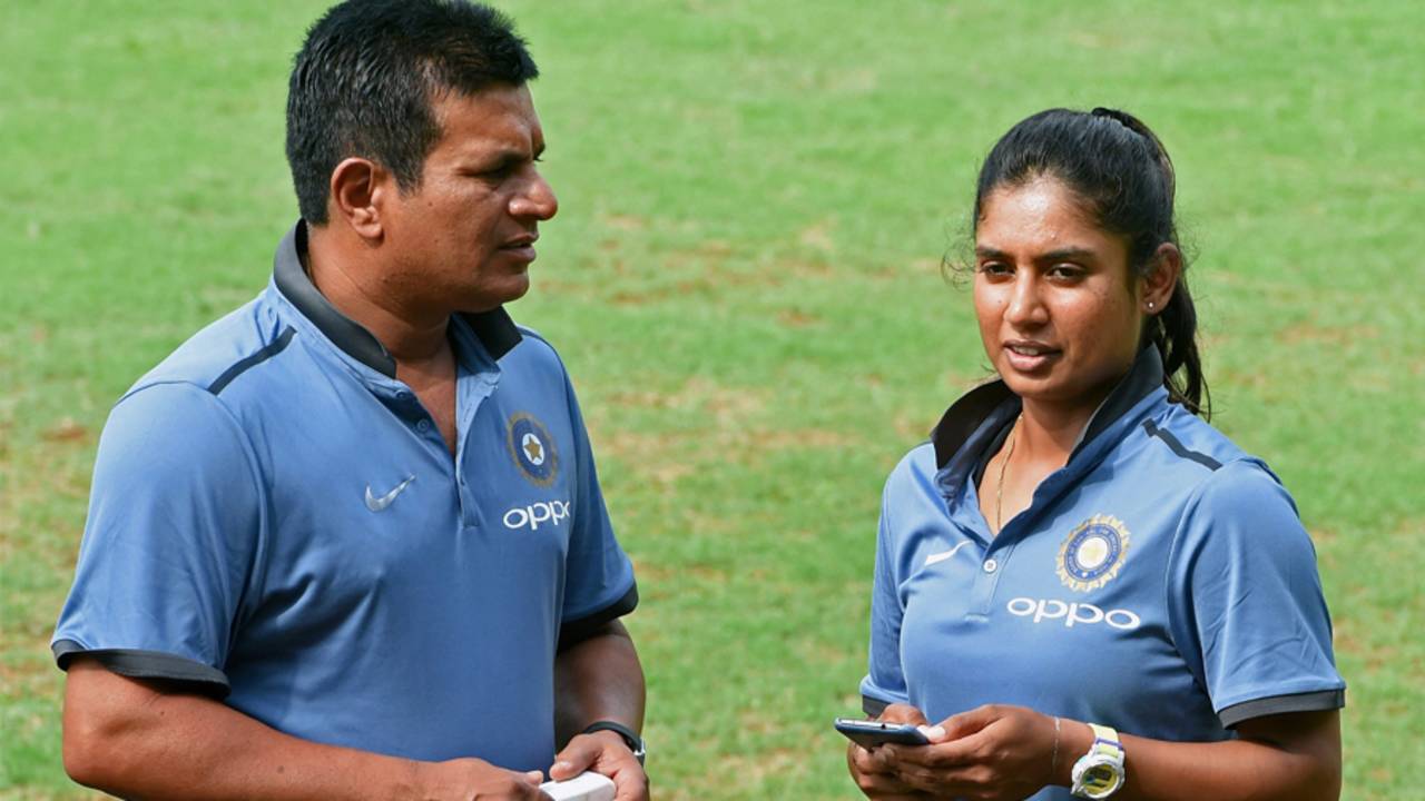 Mithali Raj and coach Tushar Arothe have a chat during a preparatory camp, Mumbai, June 10, 2017