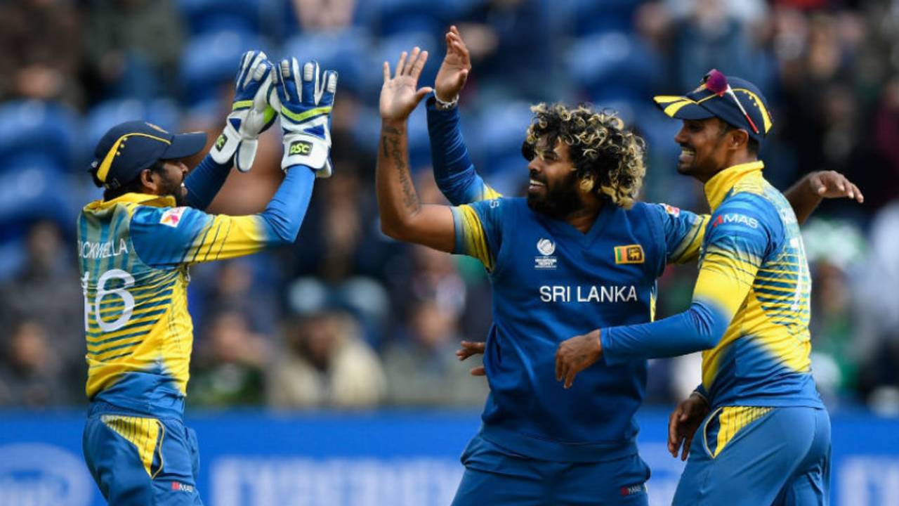 Lasith Malinga is ecstatic after getting the big wicket of Shoaib Malik, Sri Lanka v Pakistan, Champions Trophy, Group B, Cardiff, June 12, 2017