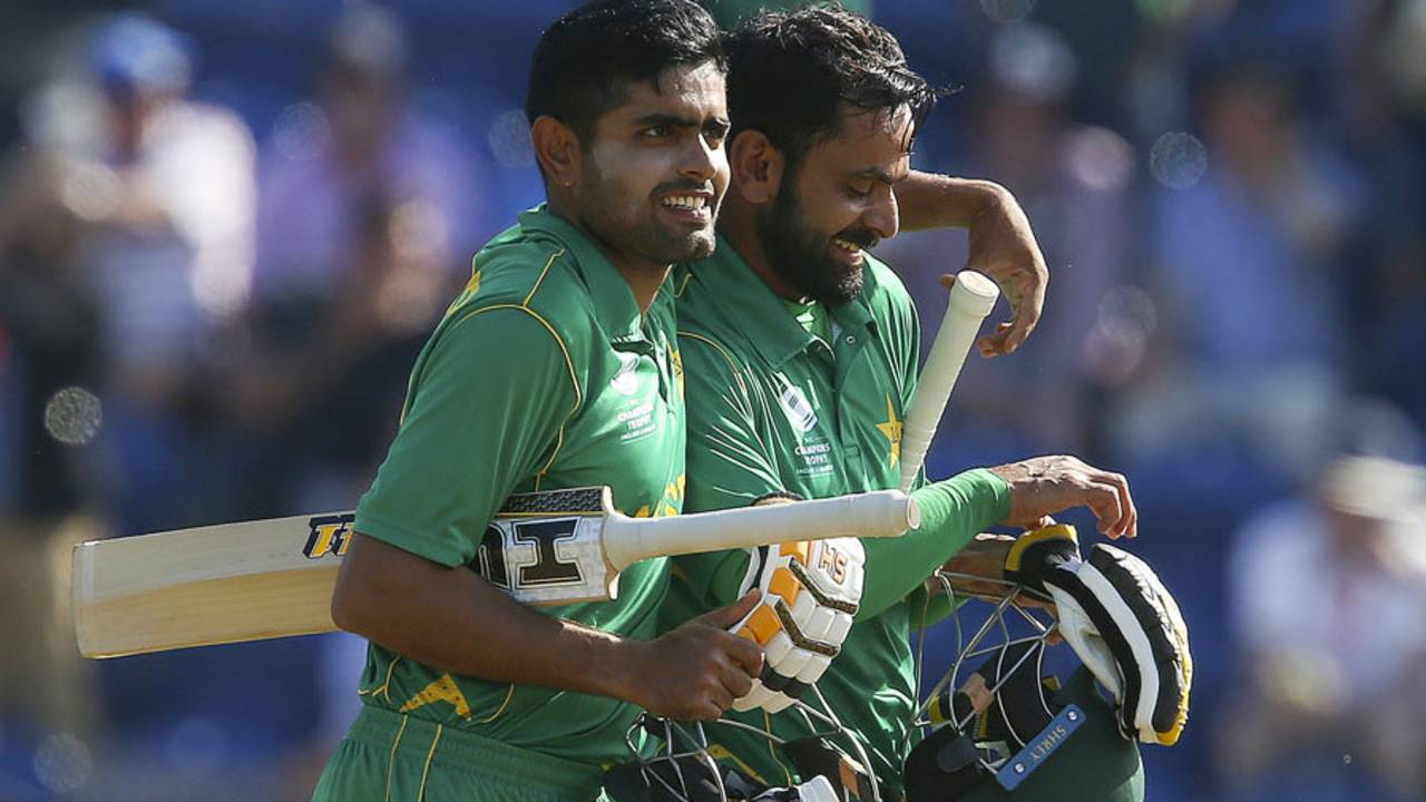 Babar Azam and Mohammad Hafeez walk off victorious, England v Pakistan, Champions Trophy, 1st semi-final, Cardiff, June 14, 2017