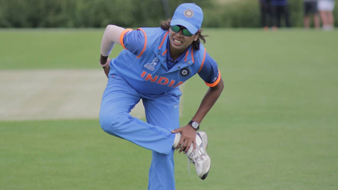 Jhulan Goswami goes through a warm-up routine ahead of the start of play, West Indies Women and India Women, unofficial warm-up game, Leicestershire, June 16, 2017