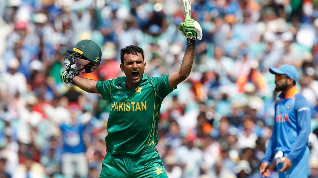 Fakhar Zaman exults after reaching his century, India v Pakistan, Final, Champions Trophy 2017, The Oval, London, June 18, 2017