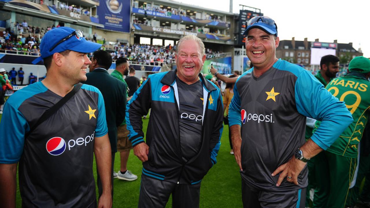 Pakistan's coaching staff - Shane Hayes, Steve Rixon and Mickey Arthur - enjoy the moment, India v Pakistan, Champions Trophy, final, The Oval, London, June 18, 2017