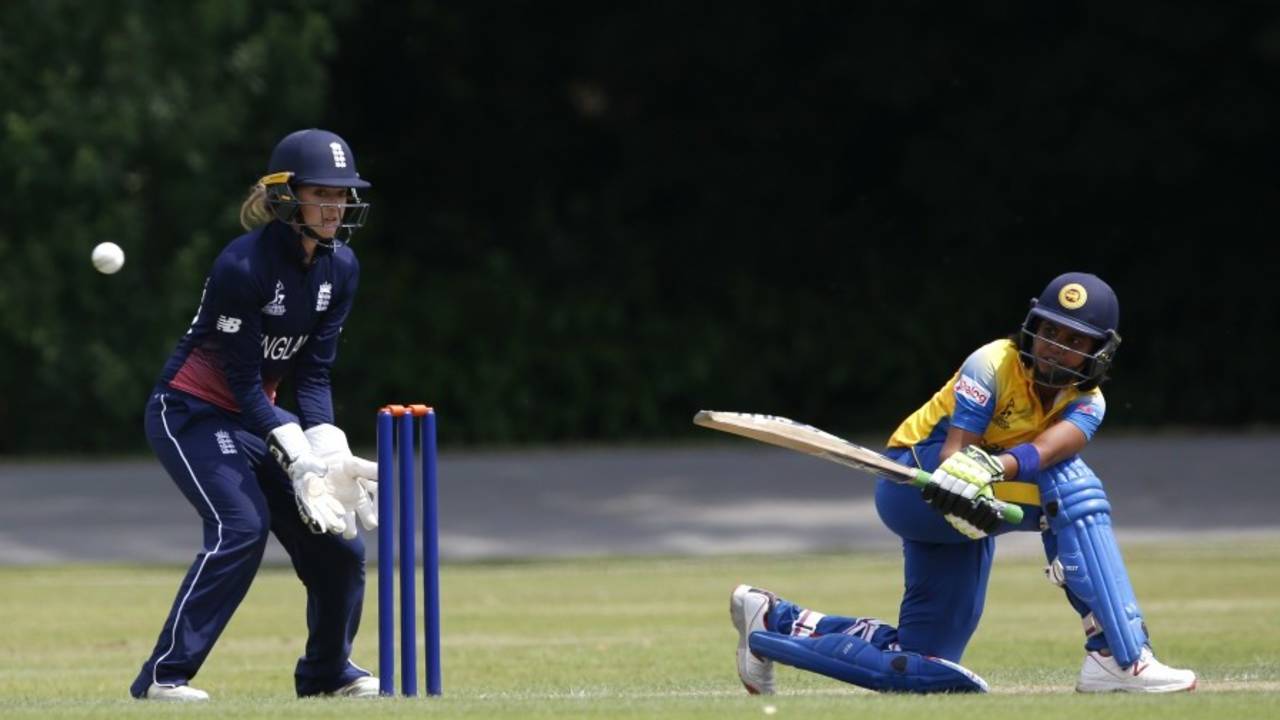 Prasadani Weerakkody sweeps en route to 23, England v Sri Lanka, ICC Women's World Cup warm-up, Chesterfield, June 19, 2017