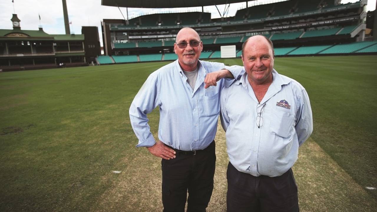 Outgoing SCG curator Tom Parker (left) with Allianz Stadium curator Michael Finch, Sydney, June 21, 2017