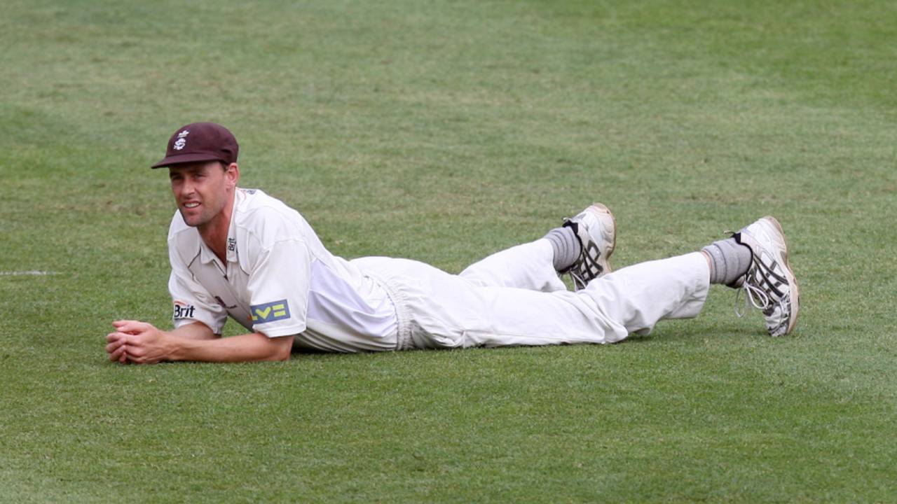 Matthew Nicholson rests his limbs, Surrey v Somerset, County Championship, Division One, Croydon, 2nd day, May 31, 2008