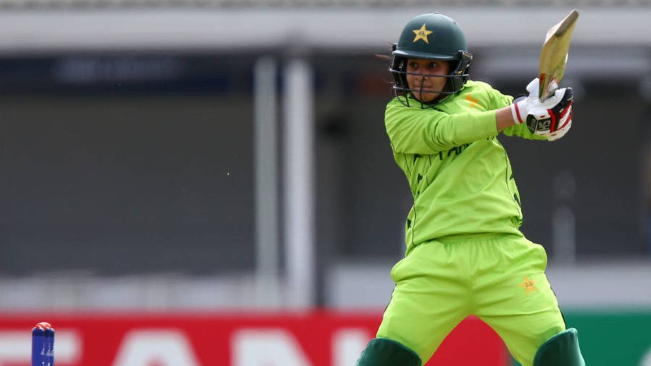 Javeria Khan unleashes a fierce cut shot, South Africa v Pakistan, Women's World Cup, Leicester, June 25, 2017