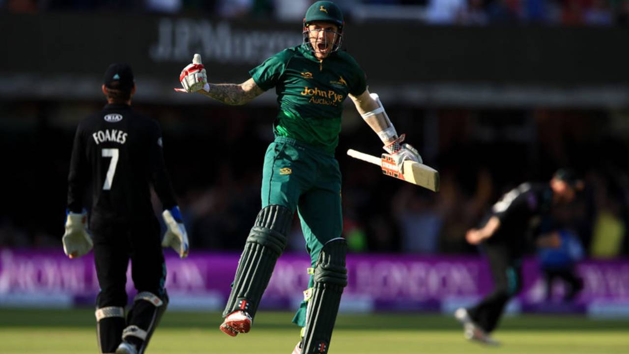 Alex Hales enjoys the moment of victory, Nottinghamshire v Surrey, Royal London Cup final, Lord's, July 1, 2017