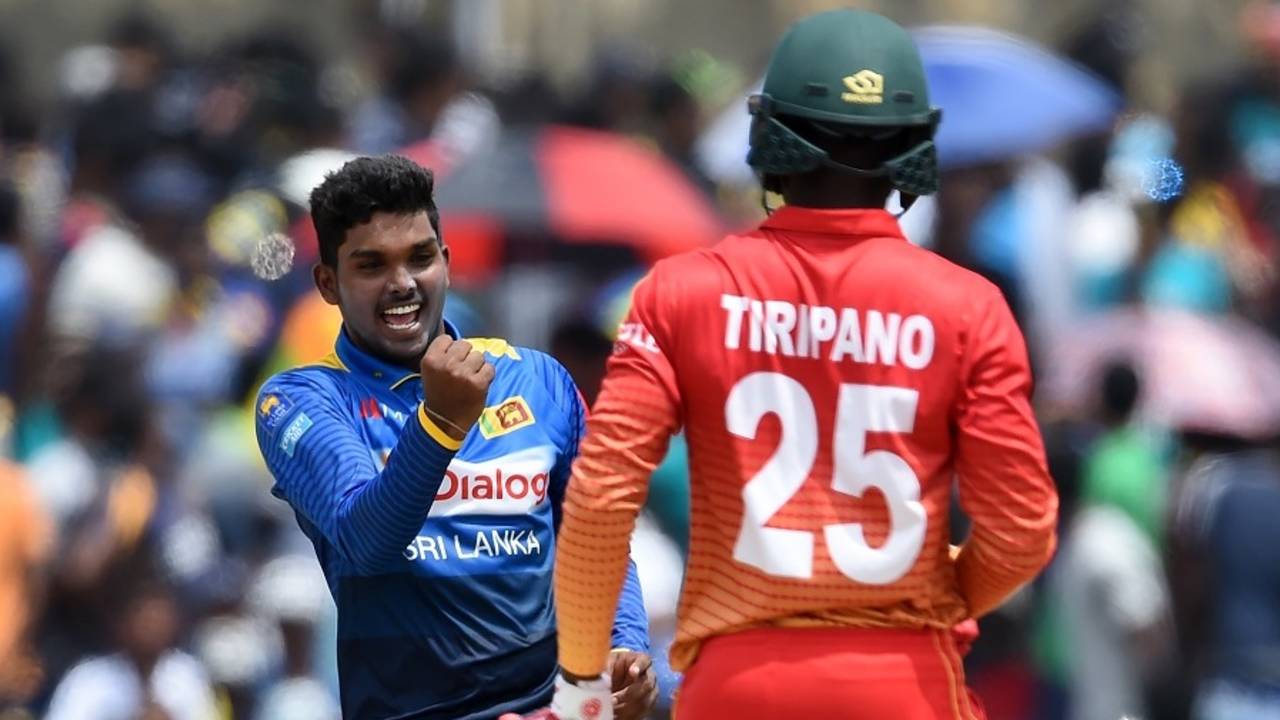 Wanidu Hasaranga exults after dismissing Donald Tiripano, Sri Lanka v Zimbabwe, 2nd ODI, Galle, July 2, 2017