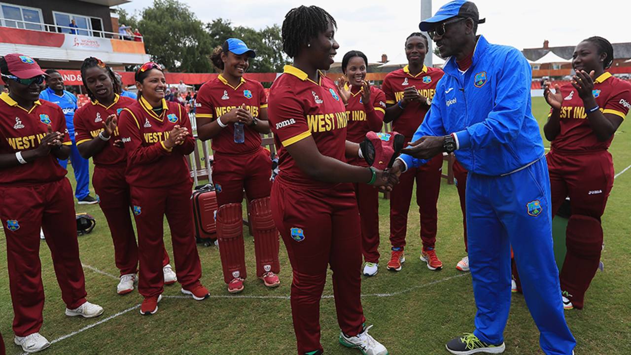Sixteen-year-old debutant Qiana Joseph gets her cap from Ezra Moseley, South Africa v West Indies, Women's World Cup 2017, Leicester, July 2, 2017