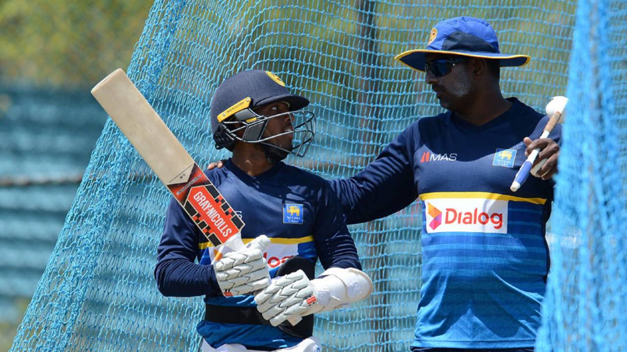 Kusal Mendis has a word with Sri Lanka batting coach Avishka Gunawardene, Hambantota, July 5, 2017