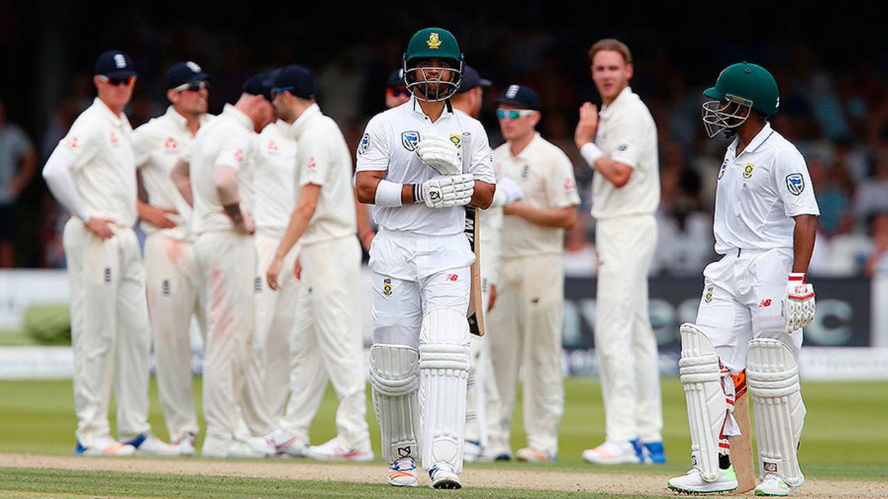 JP Duminy leaves the crease after falling to Stuart Broad, England v South Africa, 1st Investec Test, Lord's, 2nd day, July 7, 2017