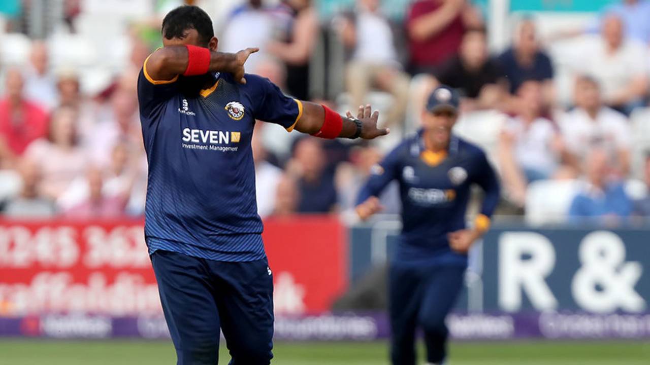 Ashar Zaidi 'dabs' after taking a wicket, Essex v Surrey, NatWest T20 Blast, South Group, Chelmsford, July 7, 2017