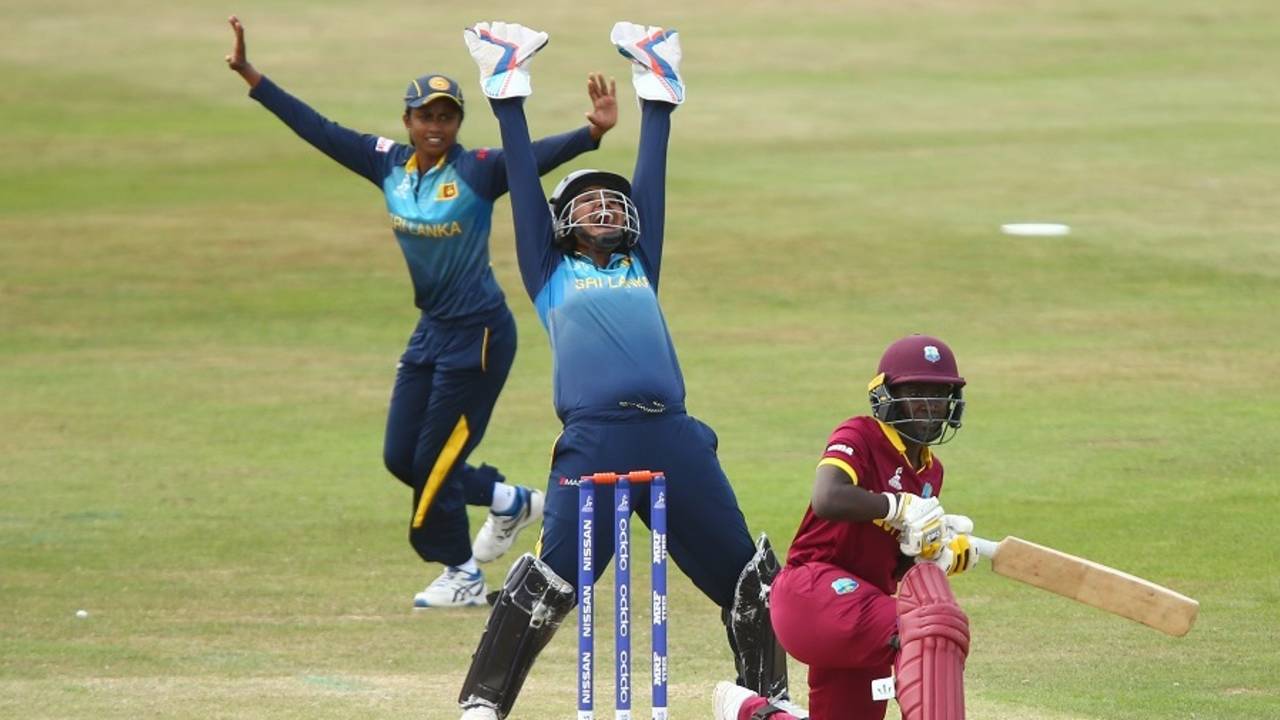 Nipuni Hansika and Prasadani Weerakkodi appeal for the wicket of Kycia Knight, West Indies v Sri Lanka, Women's World Cup, July 9, 2017