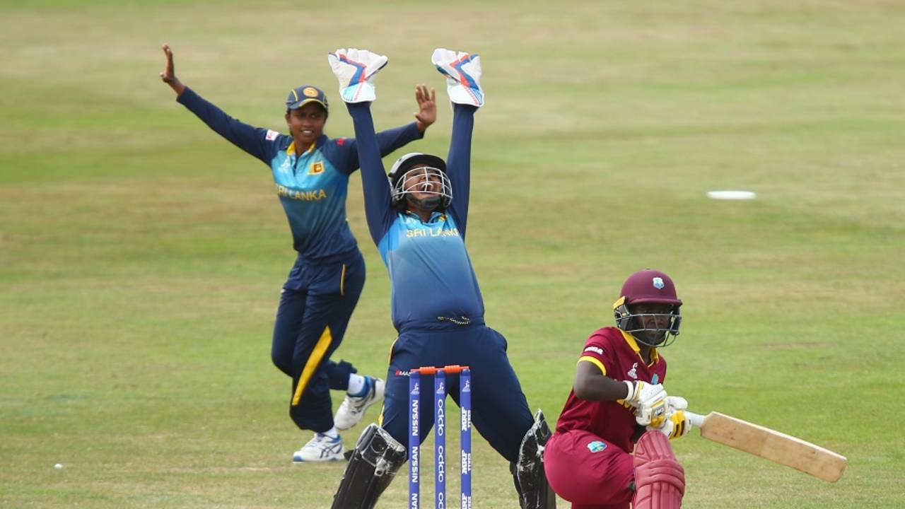 Nipuni Hansika and Prasadani Weerakkodi appeal for the wicket of Kycia Knight, West Indies v Sri Lanka, Women's World Cup, July 9, 2017