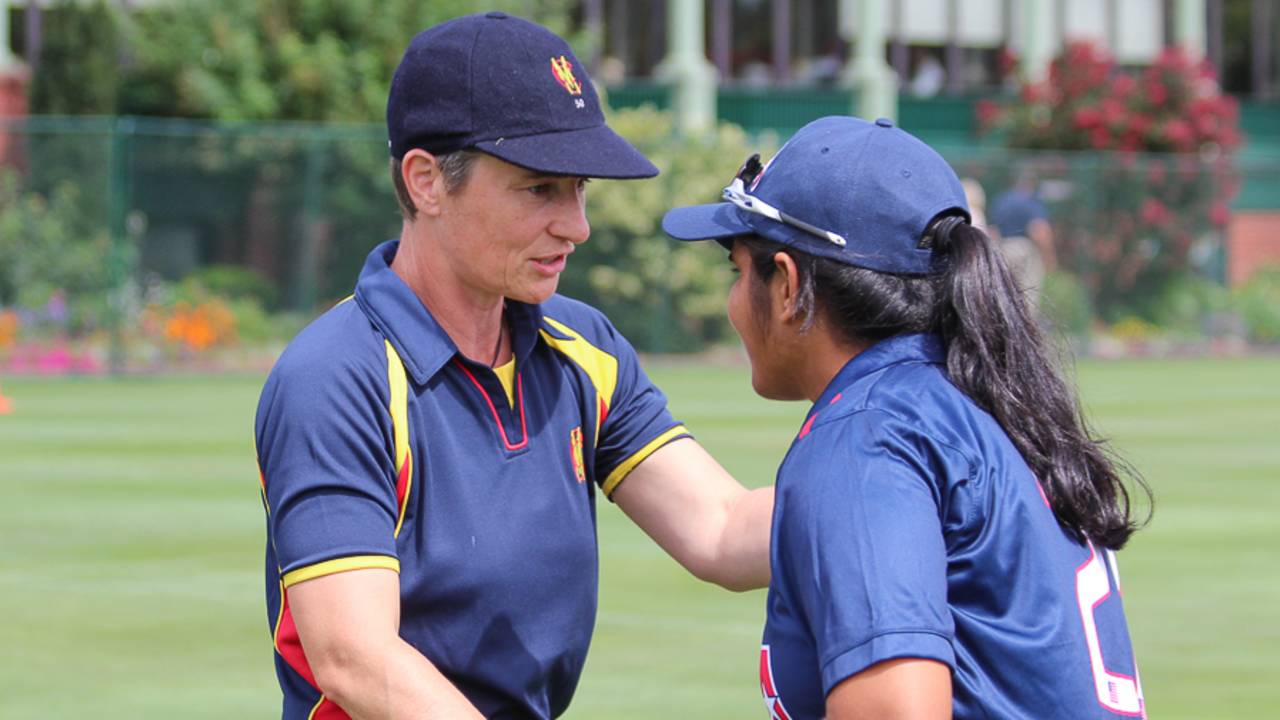 Claire Taylor shakes hands with USA's Shebani Bhaskar, USA Women v MCC Women, Philadelphia, September 11, 2016