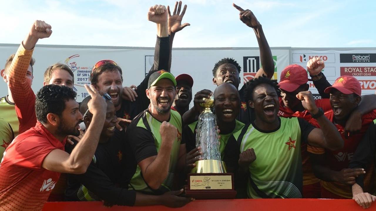 Members of Zimbabwe's ODI team celebrate their series win over Sri Lanka, Sri Lanka v Zimbabwe, 5th ODI, Hambantota, July 10, 2017