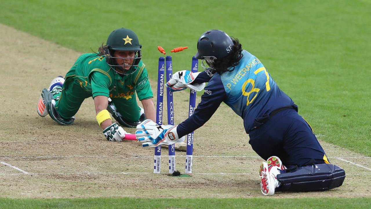 Nain Abidi was run out for 57 after a mix-up, Pakistan v Sri Lanka, Women's World Cup, Leicester, July 15, 2017