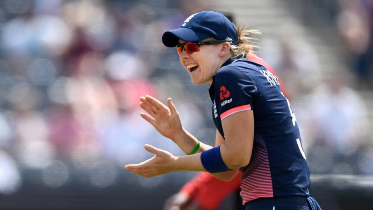 Heather Knight shares a joke with her team-mates, England v South Africa, Women's World Cup semi-final, Bristol, July 18, 2017