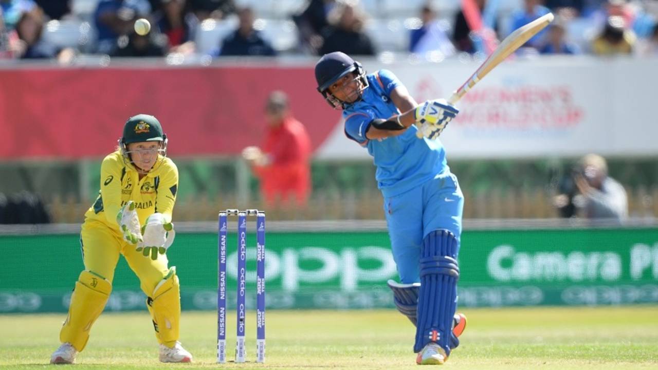 Harmanpreet Kaur clobbers one over the leg side, Australia v India, Women's World Cup, semi-final, Derby, July 20, 2017