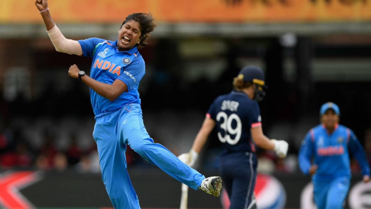 Jhulan Goswami exults after pinning Natalie Sciver plumb in front, England v India, Women's World Cup final 2017, Lord's, July 23, 2017