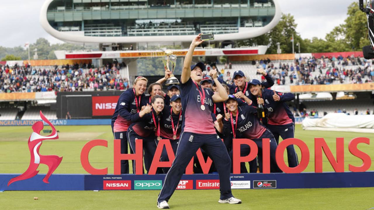 The English team poses for a selfie with their trophy, England v India, Women's World Cup final, Lord's, July 23, 2017