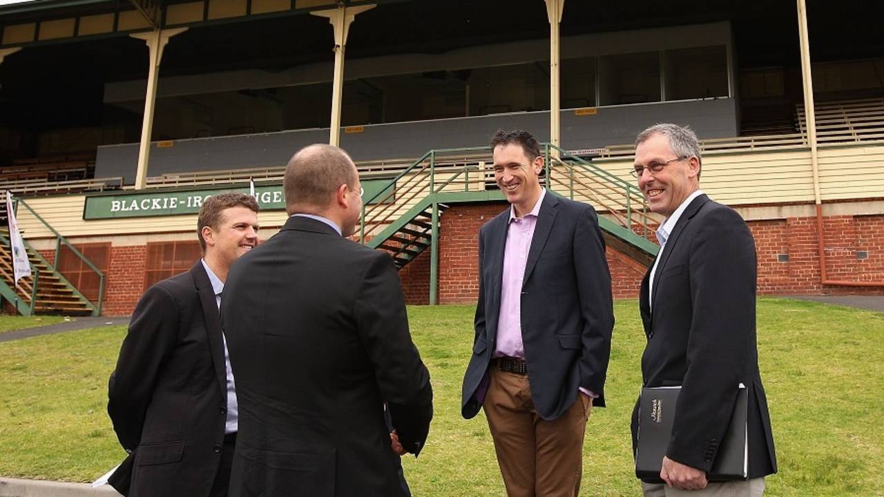 Tony Dodemaide (far right) with James Sutherland at the Junction Oval redevelopment announcement, Melbourne, August 25, 2013