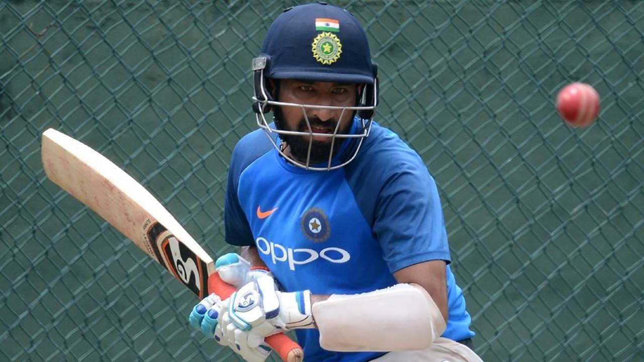 Cheteshwar Pujara eyes the ball during a net session, Colombo, August 2, 2017