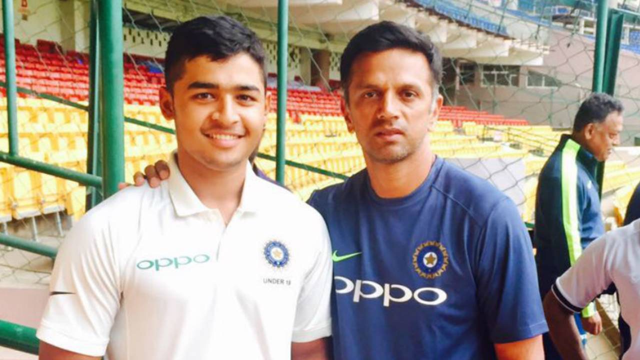 Riyan Parag with India A coach Rahul Dravid at the National Cricket Academy in Bengaluru, June 2017