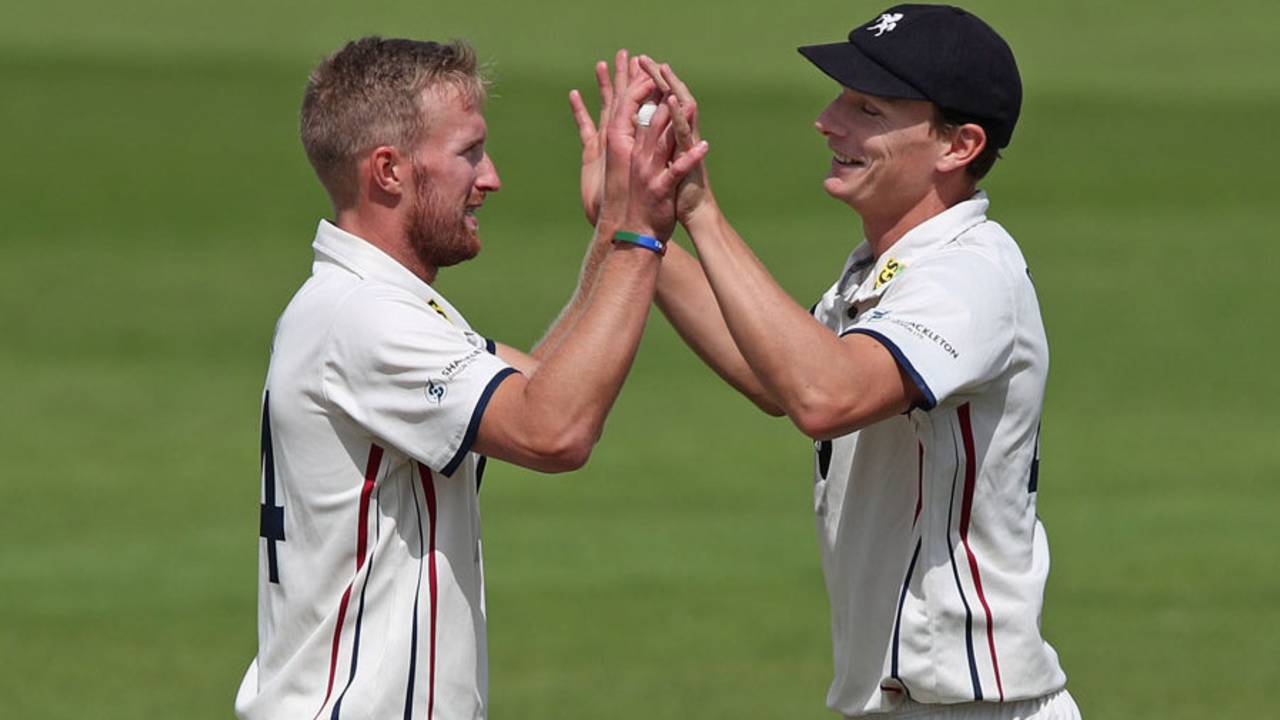 Adam Ball high fives Will Gidman, Kent v West Indians, Tour match, Canterbury 1st day, August 6, 2017