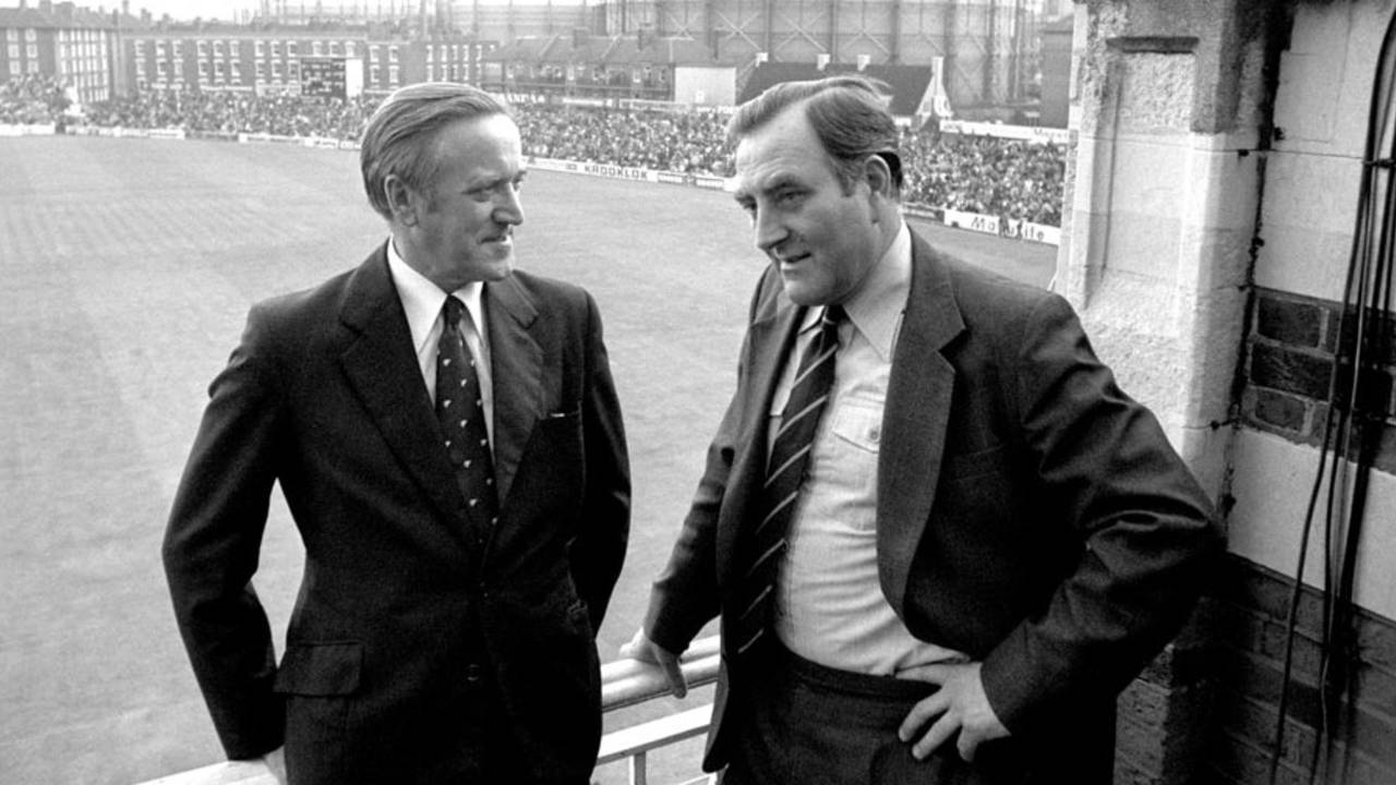 Doug Insole, right, in his role as TCCB chairman at The Oval in 1977&nbsp;&nbsp;&bull;&nbsp;&nbsp;Getty Images