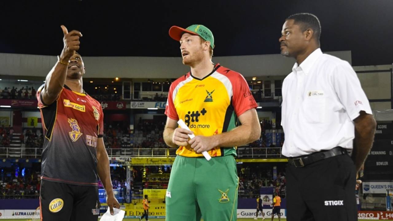 Dwayne Bravo and Martin Guptill at the toss, Trinbago Knight Riders v Guyana Amazon Warriors, CPL 2017, Port of Spain, August 11, 2017