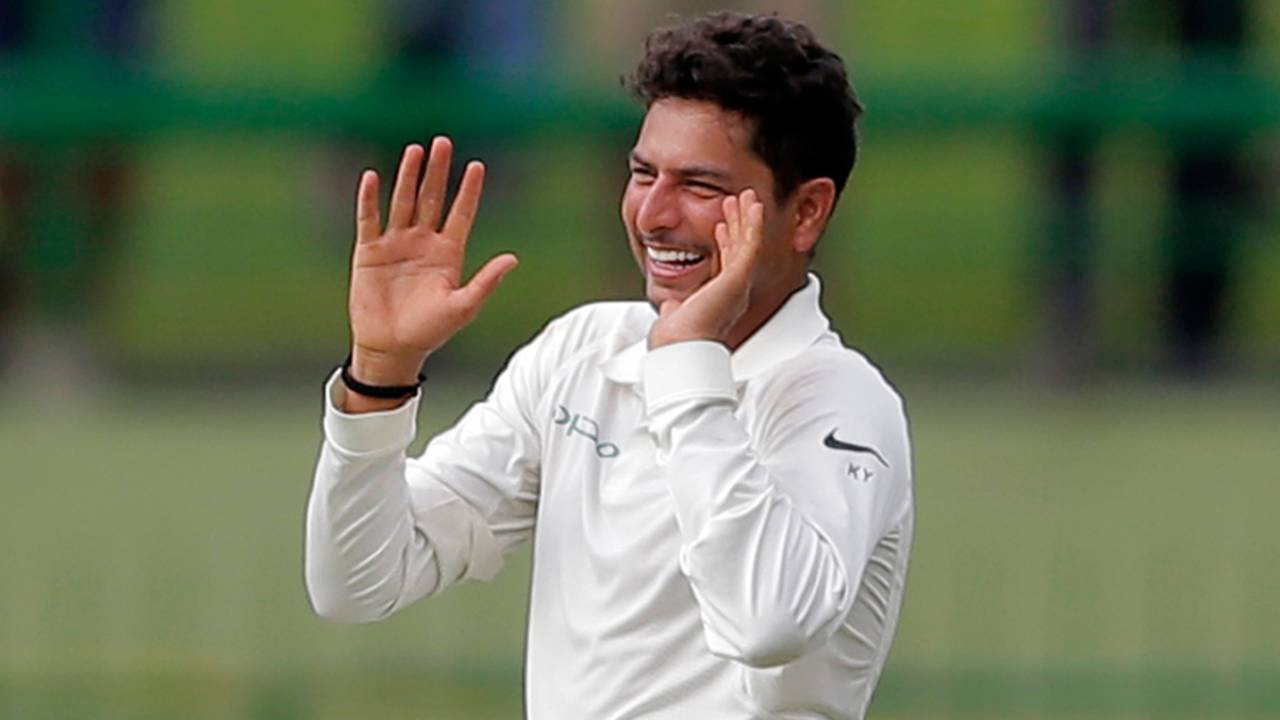 Kuldeep Yadav sports a grin after completing a four-for, Sri Lanka v India, 3rd Test, 2nd day, Pallekele, August 13, 2017