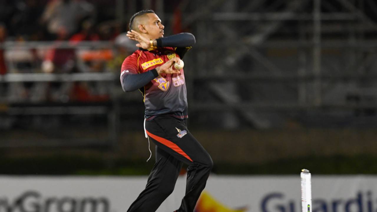 Sunil Narine in his bowling stride, Trinbago Knight Riders v St Kitts and Nevis Patriots, CPL 2017, Port of Spain, August 14, 2017