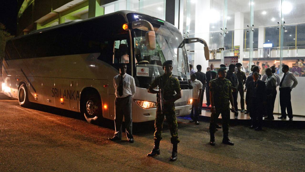 Sri Lankan Special Task Force soldiers guard the Sri Lankan team bus, Sri Lanka v India, 1st ODI, Dambulla, August 20, 2017