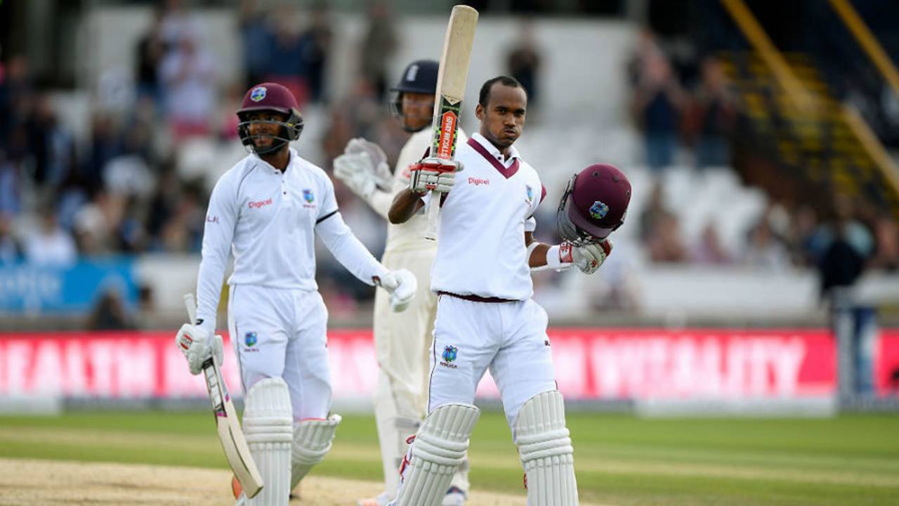 Kraigg Brathwaite brought up his century with a six before tea, England v West Indies, 2nd Investec Test, Headingley, 2nd day, August 26, 2017
