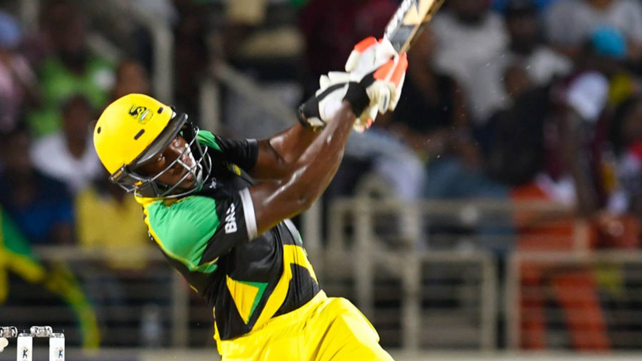 Rovman Powell launches one into the leg side, Jamaica Tallawahs v St Kitts and Nevis Patriots, CPL 2017, Kingston, August 30, 2017