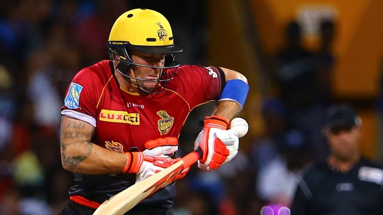 Brendon McCullum retired hurt after copping a painful blow on his arm, Barbados Tridents v Trinbago Knight Riders, CPL 2017, Bridgetown, September 2, 2017