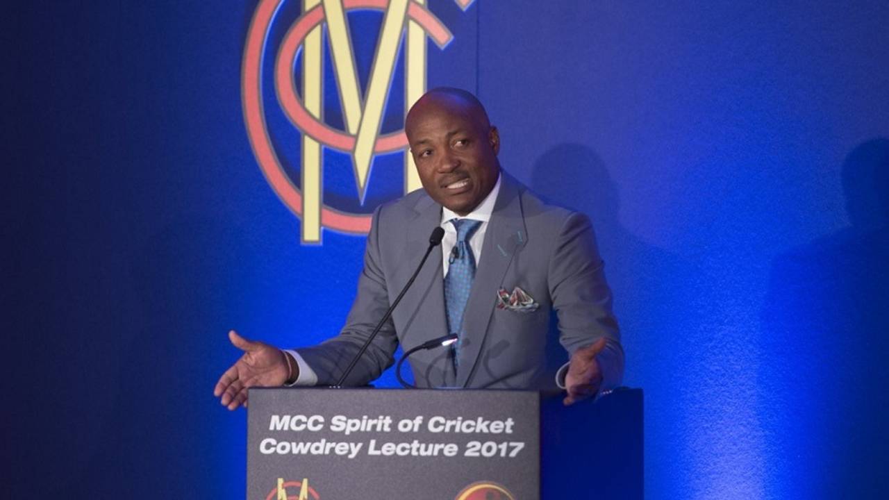 Brian Lara delivers the annual MCC Spirit of Cricket Cowdrey lecture at Lord's, London, September 4, 2017