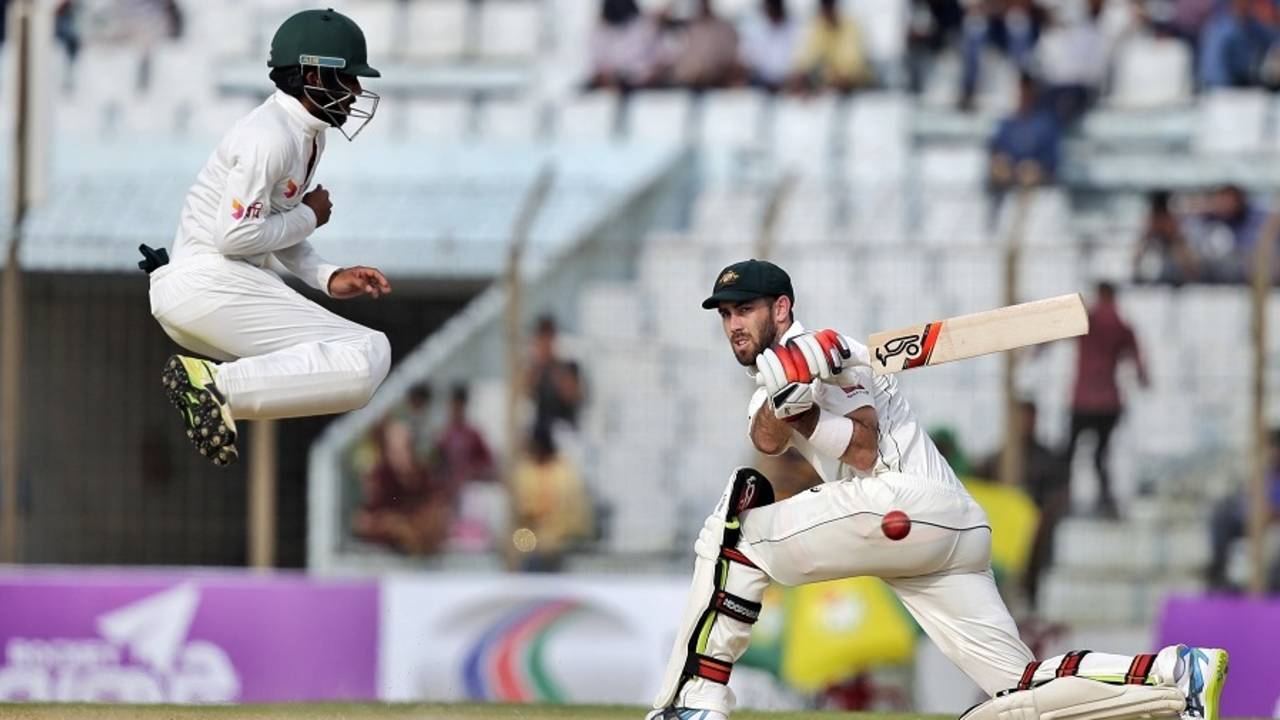 Mominul Haque leaps to evade a sweep from Glenn Maxwell, Bangladesh v Australia, 2nd Test, Chittagong, 3rd day, September 6, 2017