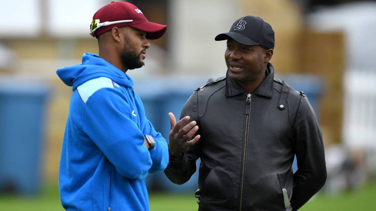 Shai Hope chats with Brian Lara during West Indies training, Lord's, September 6, 2017