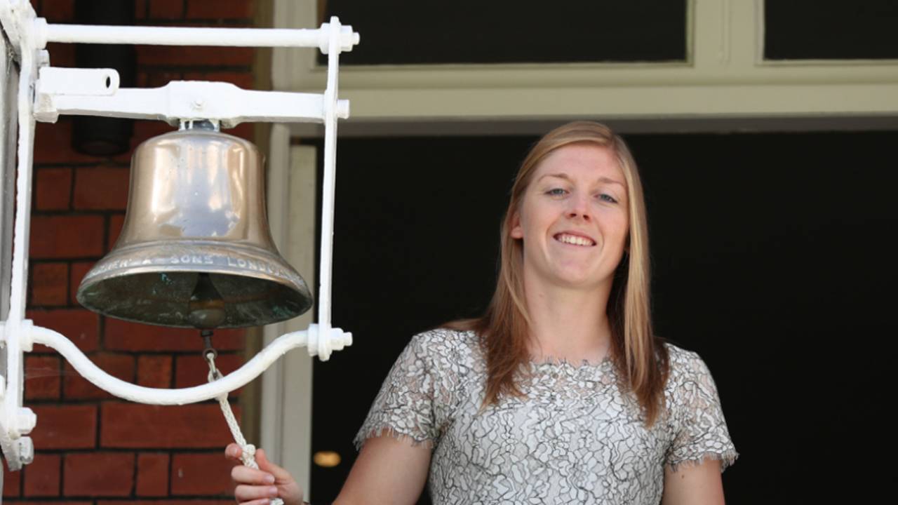 England women's captain, Heather Knight, rings the five-minute bell at Lord's, England v West Indies, 3rd Investec Test, Lord's, 3rd day, September 9, 2017 